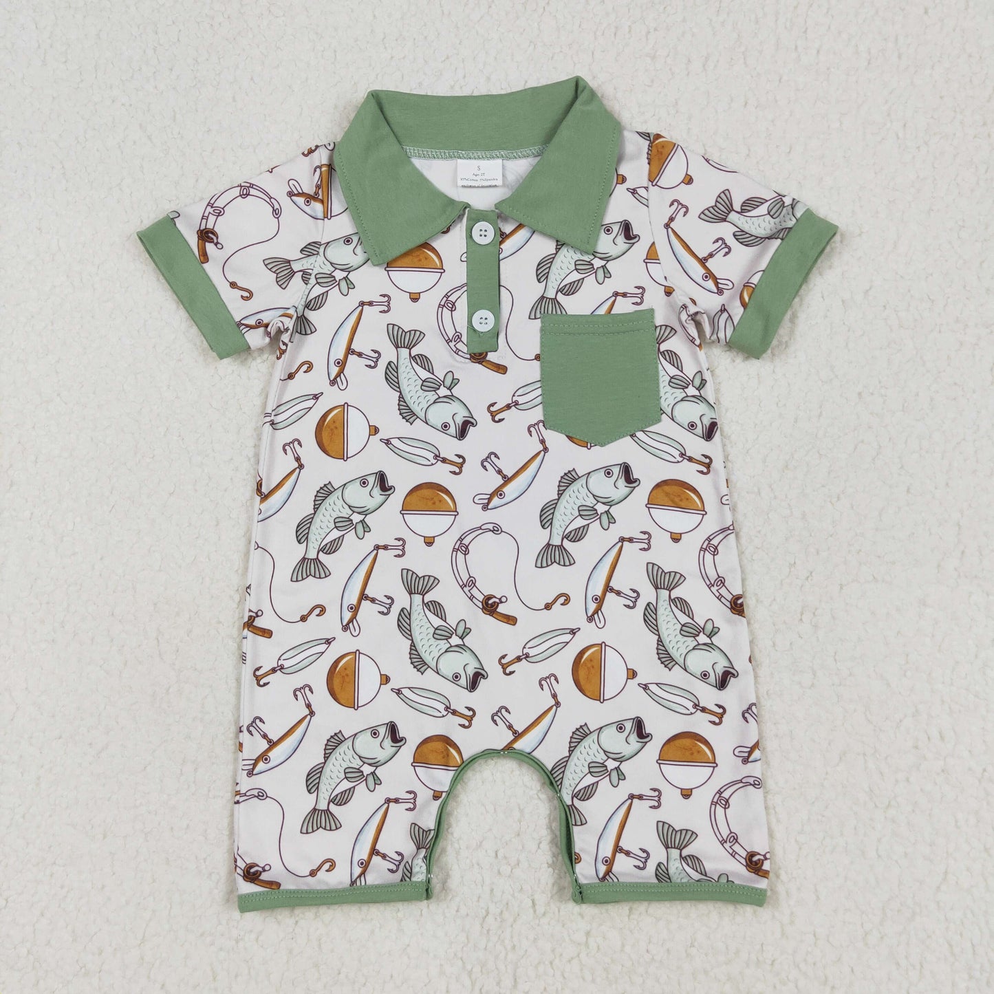 SR2472 Baby boys fishing green pocket short sleeve romper