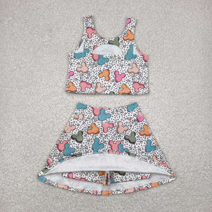 GSD2331 girls sleeveless cartoon mouse dot skirt outfits yoga