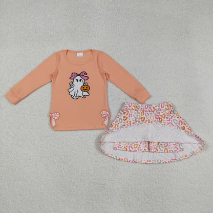 GLD1174 girls ghost bow pink orange long sleeve leopard skirt outfits embroidery