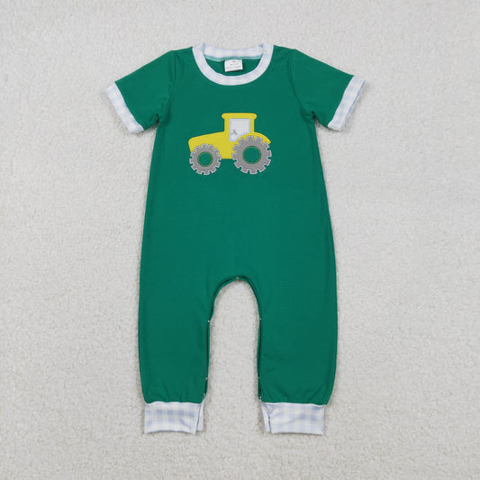 SR3332 baby boys tractor green short sleeves romper embroidery