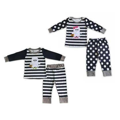 Matching Baby girls boys Halloween ghost stripe black outfits embroidery