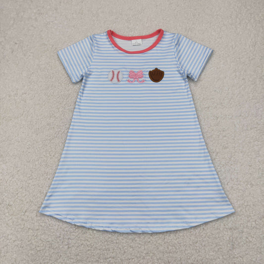 GSD2220 girls blue stripe blue bow sleeve Dress embroidery