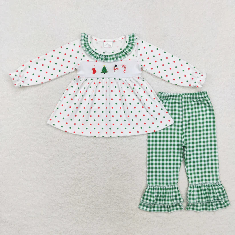 Matching Baby boys girls Christmas long sleeve green cheeckered outfits embroidery