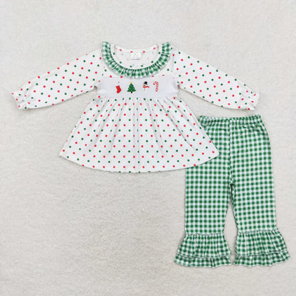 Matching Baby boys girls Christmas long sleeve green cheeckered outfits embroidery