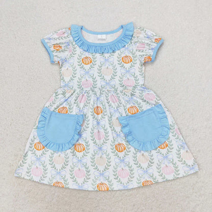 Matching Baby girls pumpkin leaves pink blue outfits romper clothing