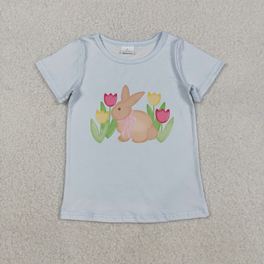 GT1398 Girls Easter bunny flower blue short sleeve T-shirt top