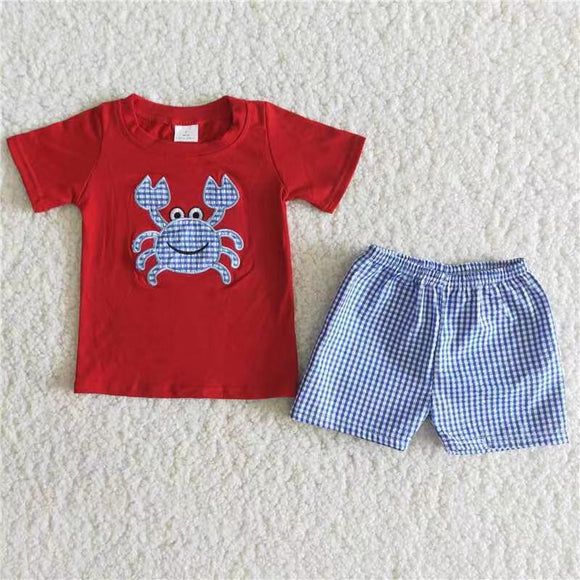 A11-4 Boys Embroidery Crab Outfits Short Sleeves Blue Shorts
