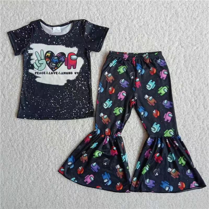 Girls Peace Love Outfits Short Sleeves Bell Bottom Pants