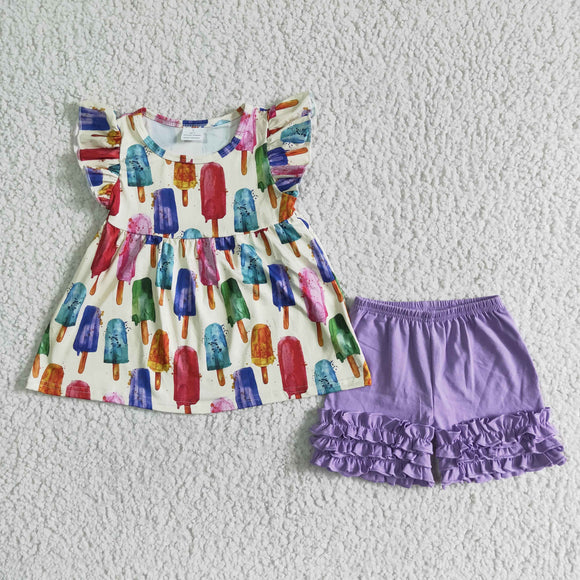 A6-22 Girls popsicle Outfits Short Sleeves PURPLE Short