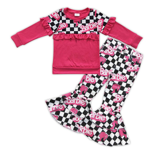 Girls Barbie Outfits Long Sleeves Checked Jeans