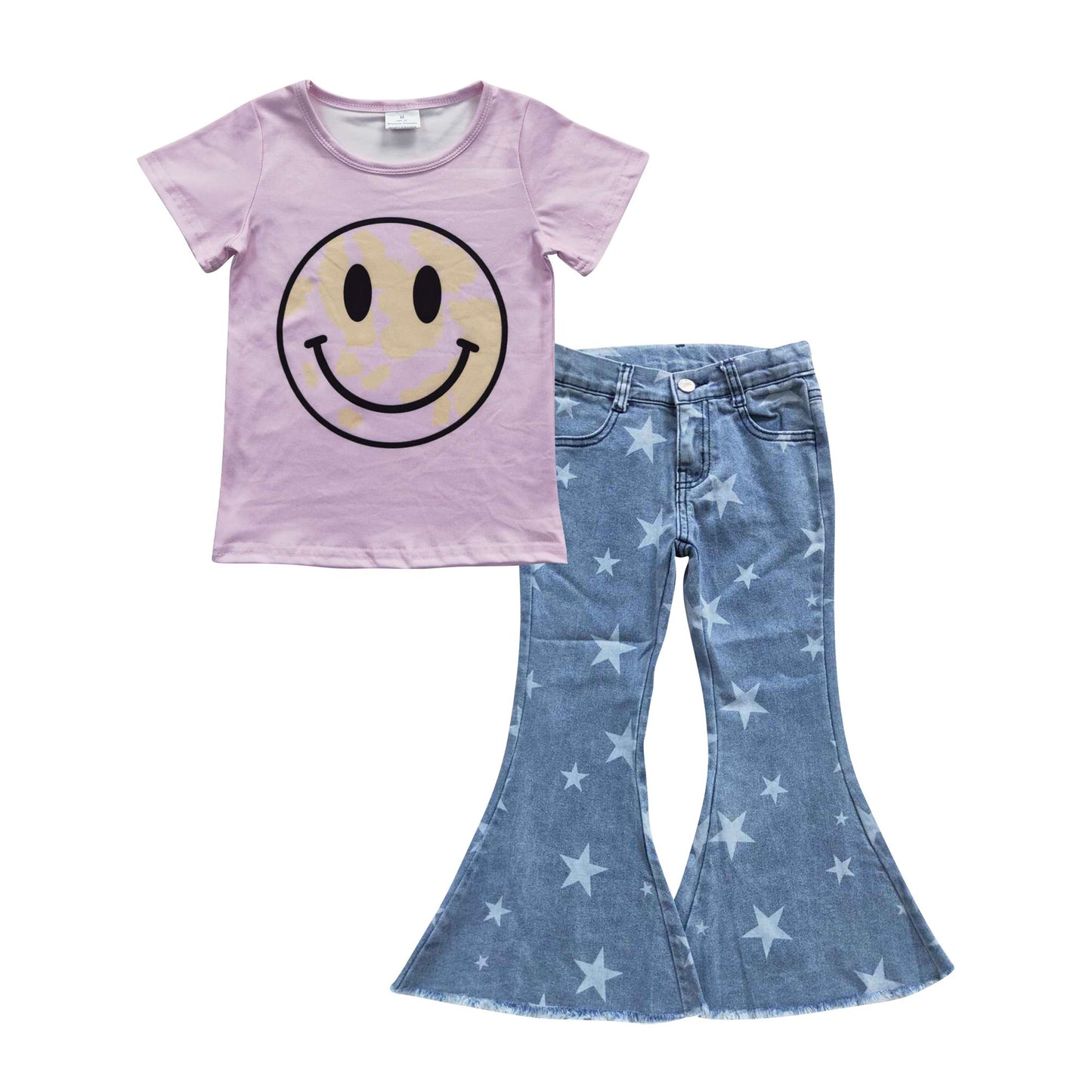 Girls Smiling Outfits Short Sleeves Blue Stars Jeans