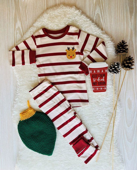 Girls Embroidery Deer Stripe Pajamas