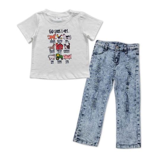 Boys Farm Outfits Short Sleeves Blue Jeans