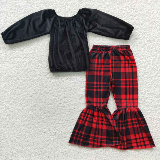 Girls Black Velvet Outfits Checked Pants