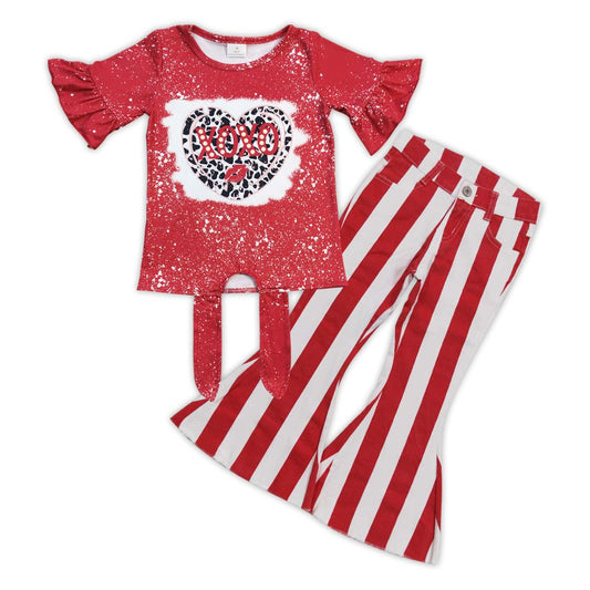 Girls Valentine XOXO Outfits short Sleeves Red Stripe Jeans