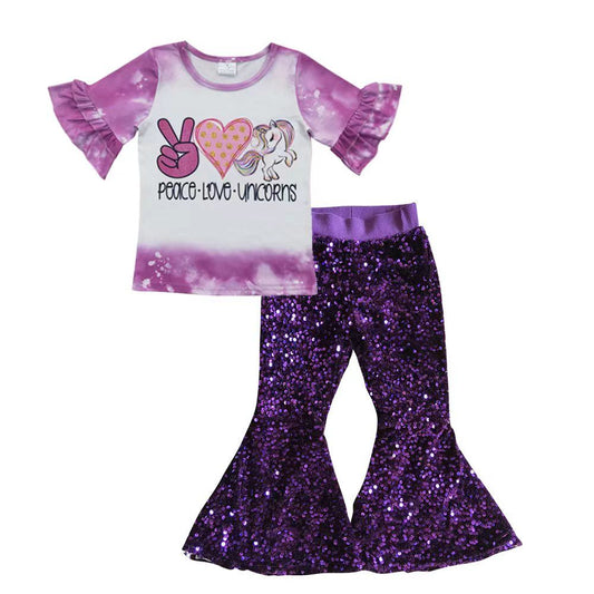 Girls Peace Love Unicorn Outfits Purple Sequined Pants