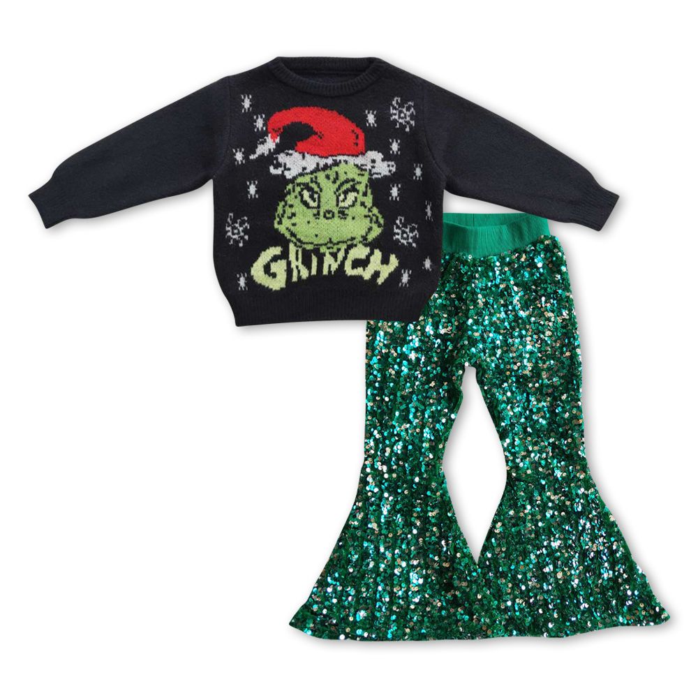 Girls Christmas Sweater Outfits Long Sleeves Sequin Pants