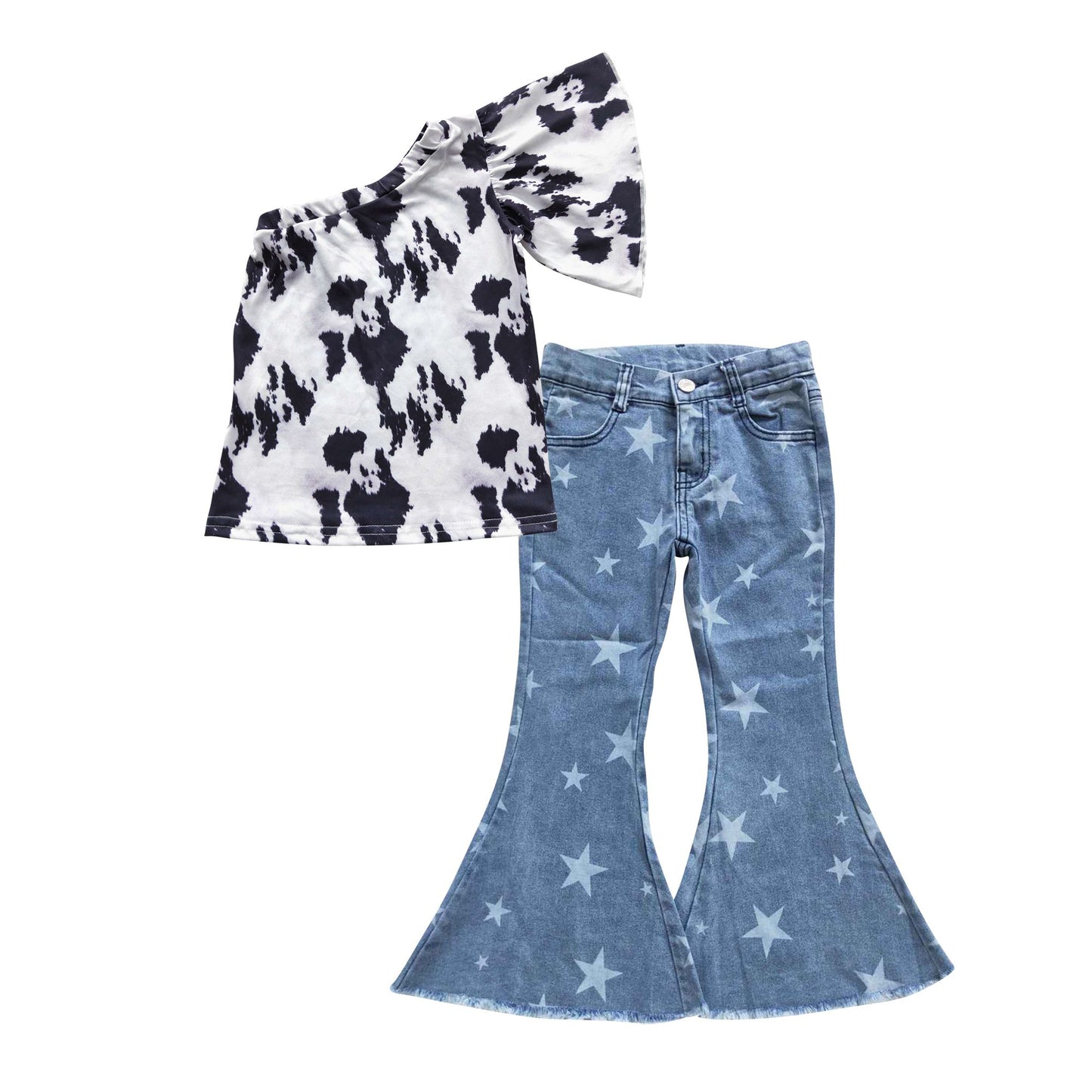 Girls Cow Outfits Short Sleeves Blue Stars Jeans