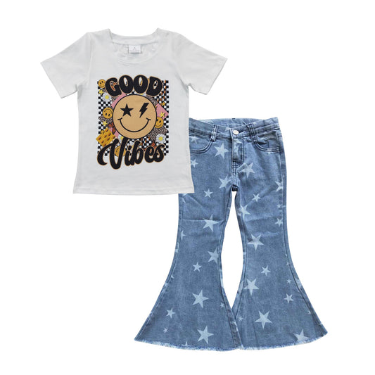 Girls Good Vibes Outfits Short Sleeves Blue Stars Jeans