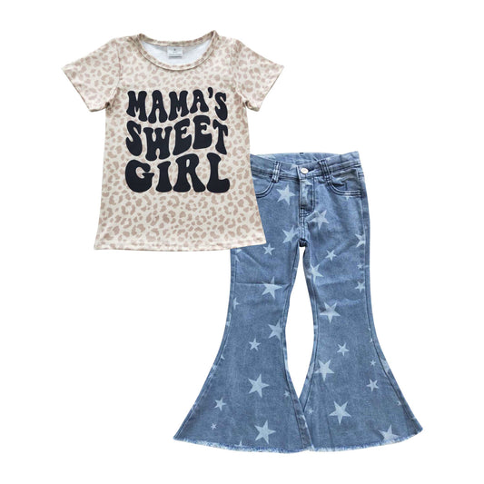 Girls Mama's girl Outfits Short Sleeves Blue Stars Jeans