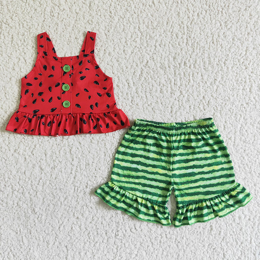 B0-28 Girls Watermelon Outfits Sleeveless Green Stripe Shorts