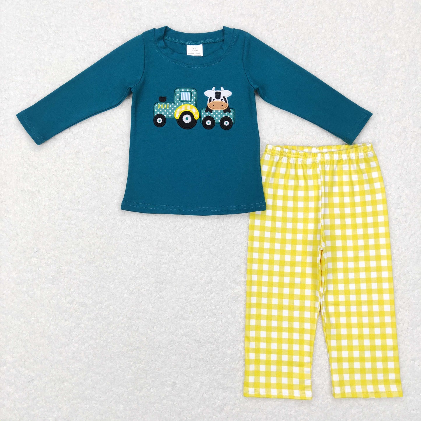 5.5  BLP0196 Boys Embroidery cow Outfits Long Sleeves yellow Plaid Pants