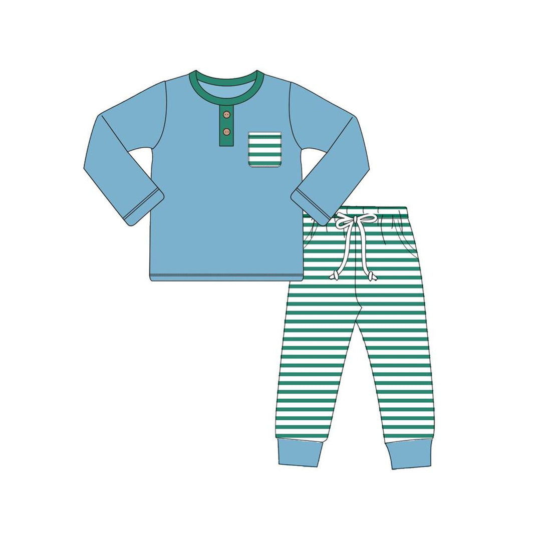 BLP0666--pre order long sleeve blue striped boy pajamas