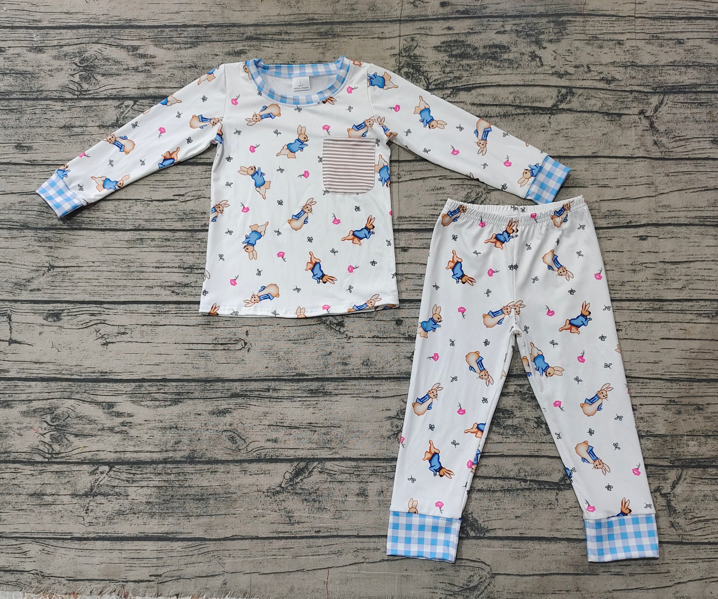 Pre-order BLP1046 Boy bunny pocket plaid white blue pajamas