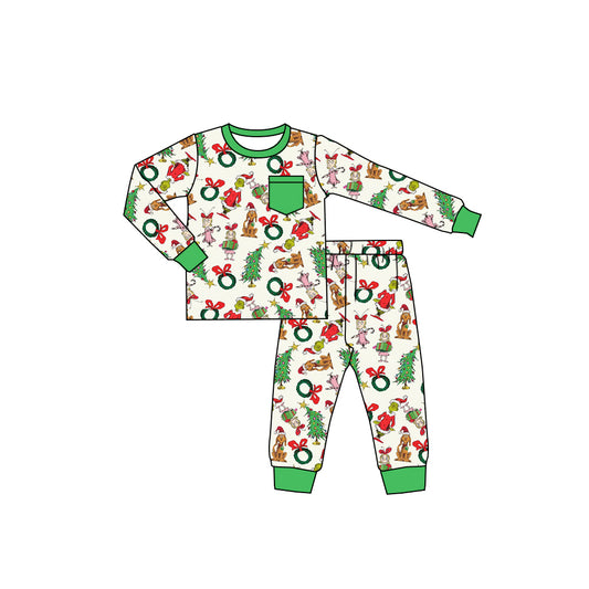 Pre-order BLP1244 boys Christmas cartoon green pocket pajamas -2025.9.13