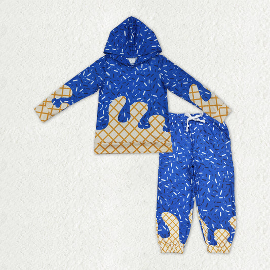 BLP1329 baby boys Ice cream  Waffle blue hooded long sleeve outfits