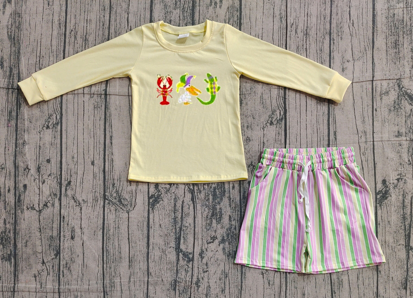 Pre-order BLS0015 baby Boys Mardi Gras yellow long sleeve stripe shorts outfits embroidery