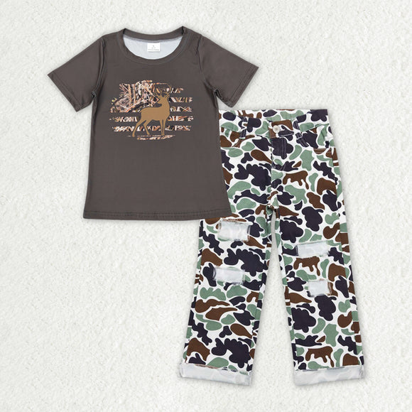 Boys Deer Outfits Short Sleeves Camo Ripped Jeans