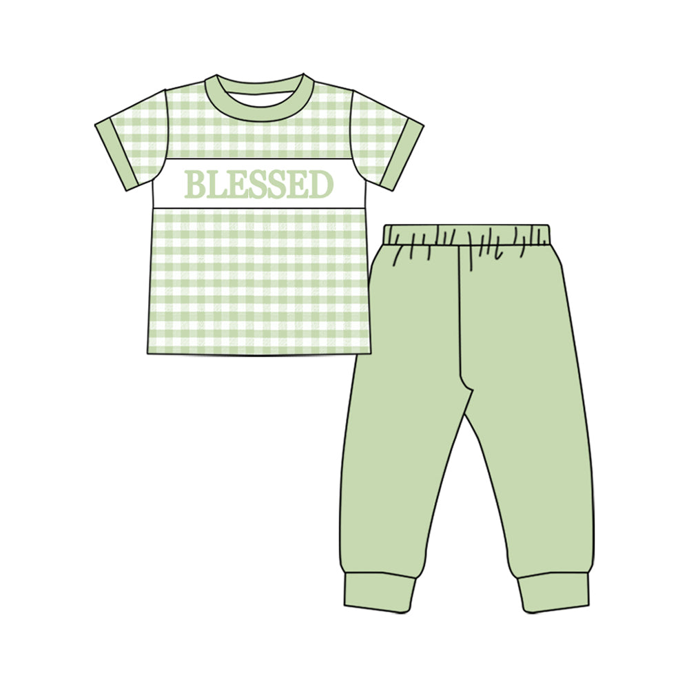 10.1 Pre-order BSPO0604 Boys BLESSED green checkered short sleeve outfits