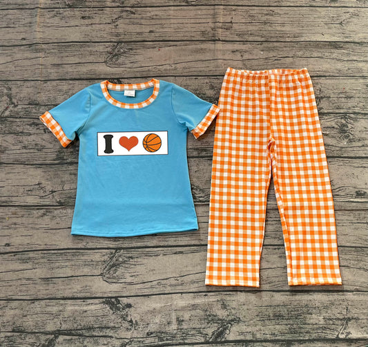 Pre-order BSPO0619 boys I LOVE Basketball short sleeves orange checkered outfits embroidery
