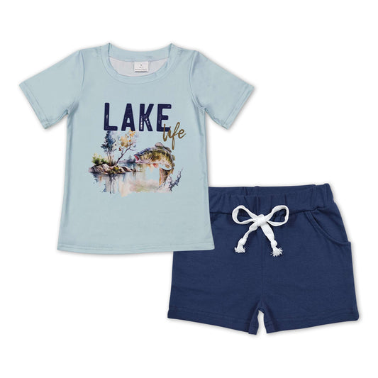 Boys Lake Outfits Short Sleeves Navy Shorts