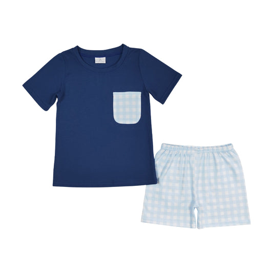 BSSO0992 Boys Blue Outfits Short Sleeves Plaid Shorts
