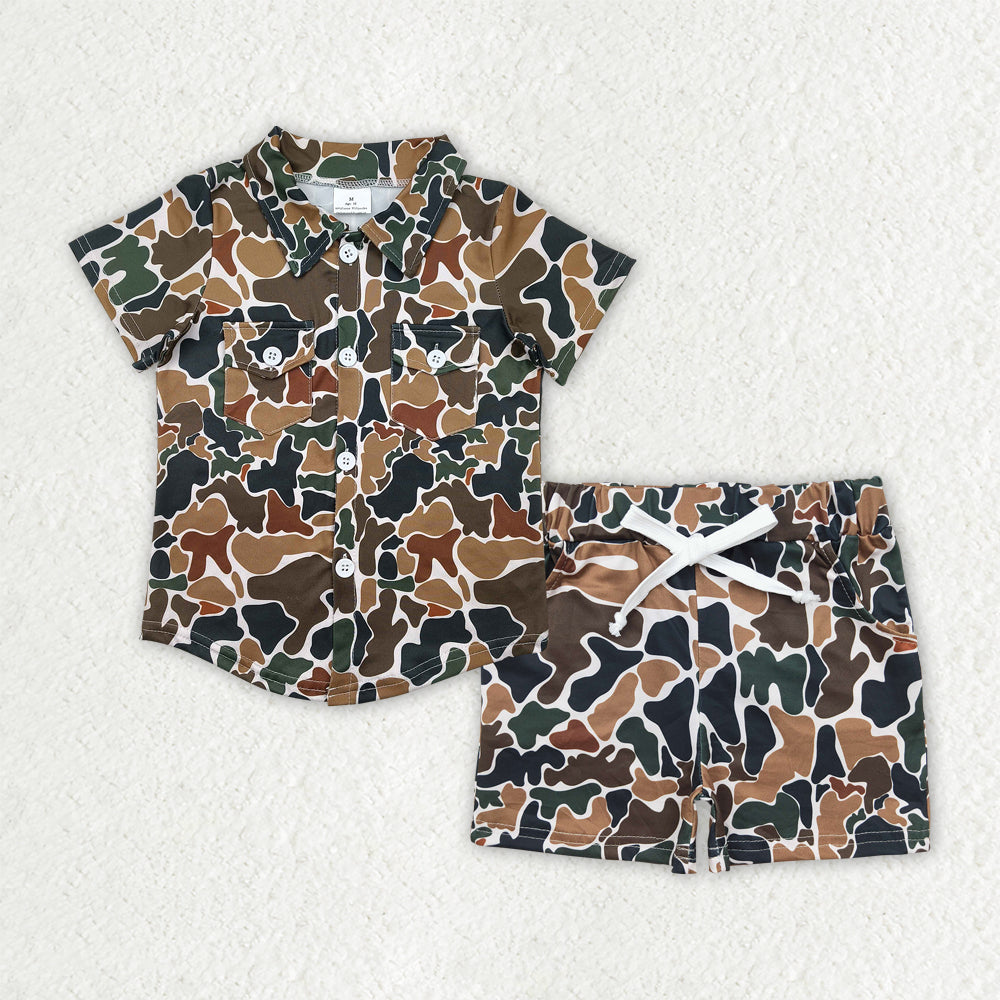 BSSO1512  Boys black brown camo short sleeve double pocket shorts outfits