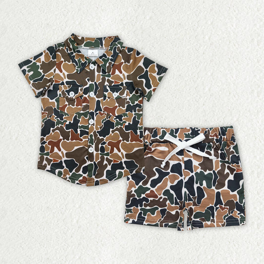 BSSO1512  Boys black brown camo short sleeve double pocket shorts outfits