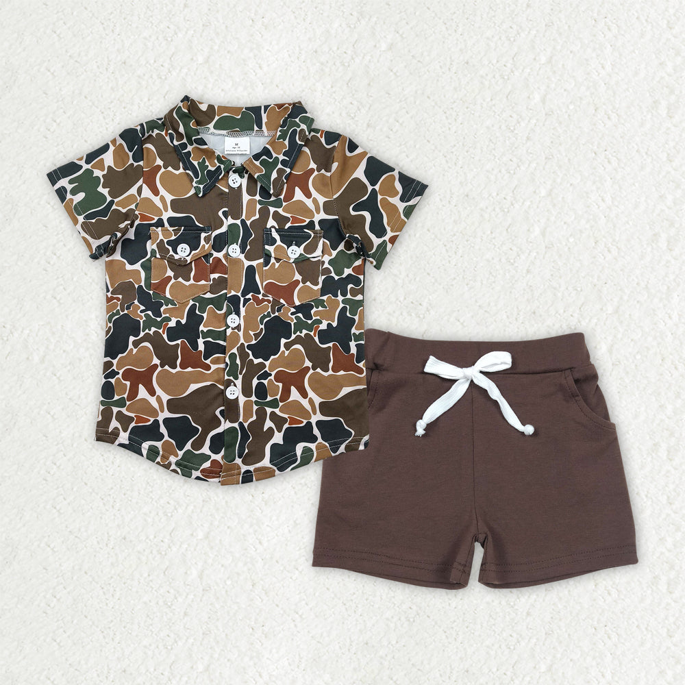 BSSO1513  Boys black brown camo short sleeve double pocket shorts outfits