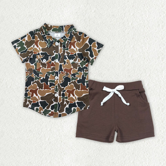 BSSO1513  Boys black brown camo short sleeve double pocket shorts outfits