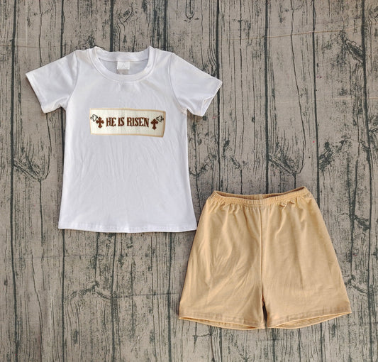 Pre-order BSSO1674 Boys He is Risen short sleeve shorts outfits embroidery