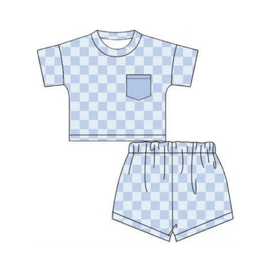 12.2  Pre-order BSSO1753 Boys blue checkered pocket short sleeve shorts outfits
