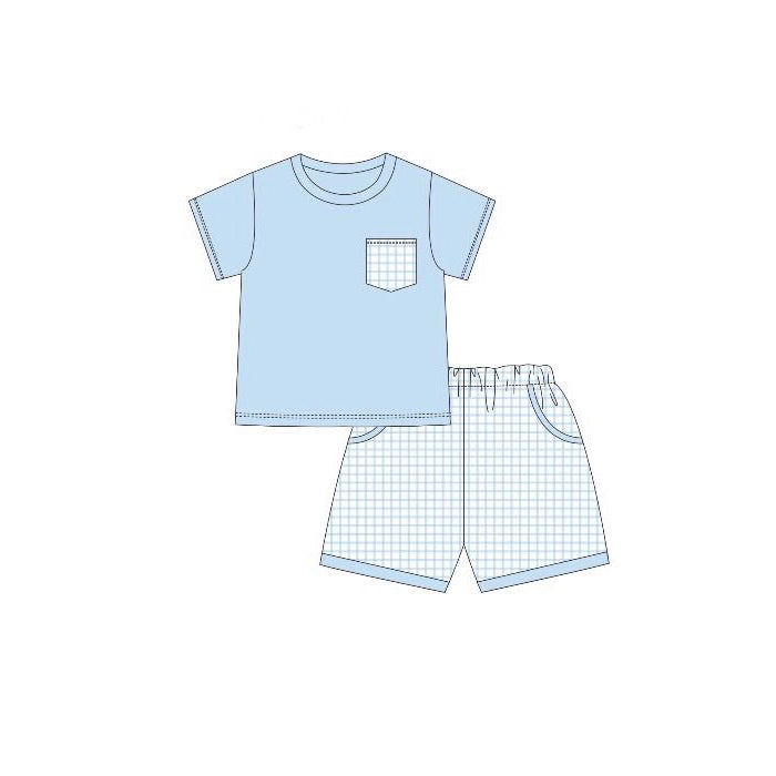 12.5 Pre-order BSSO1762 Boys blue pocket short sleeve checkered  shorts outfits