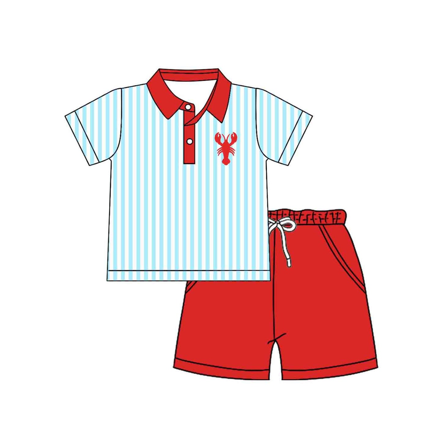 12.5 Pre-order BSSO1770 Boys Lobster blue stripe button short sleeve red shorts outfits
