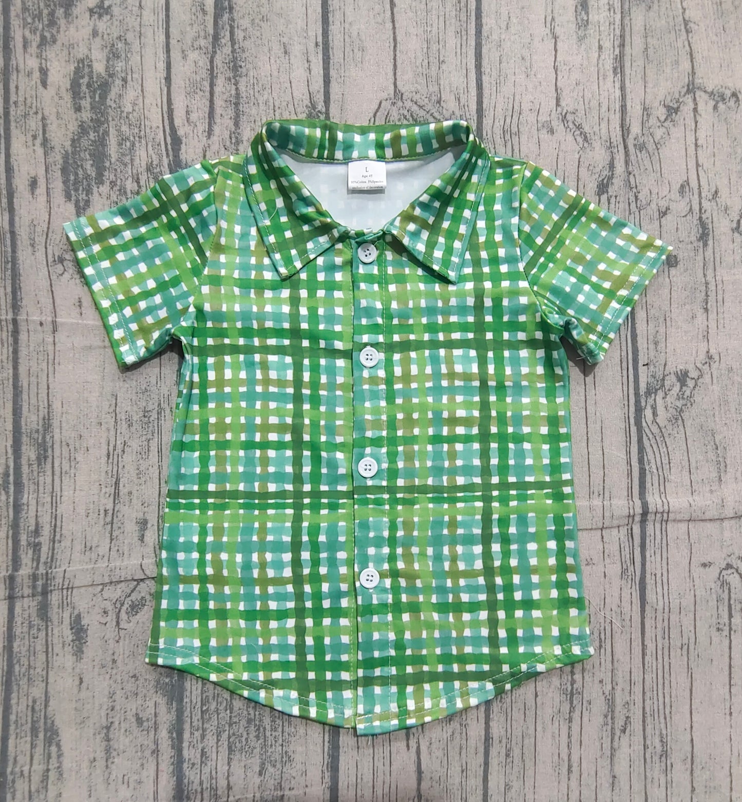 Pre-order BT1456 baby boys St Patrick's green checkered short sleeve button shirt top