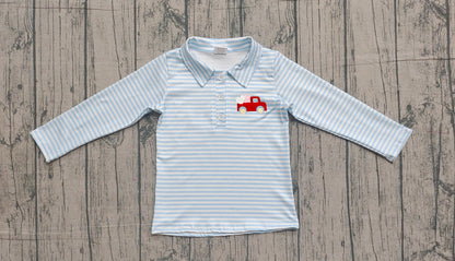 Pre-order BT1573 baby boys Valentine's tractor button blue stripe  top embroidery