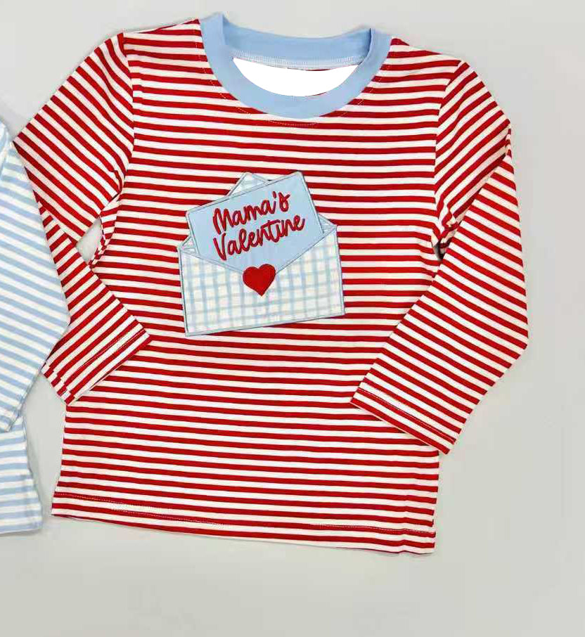 Pre-order BT1574 baby boys Valentine's letter red stripe  top embroidery embroidery