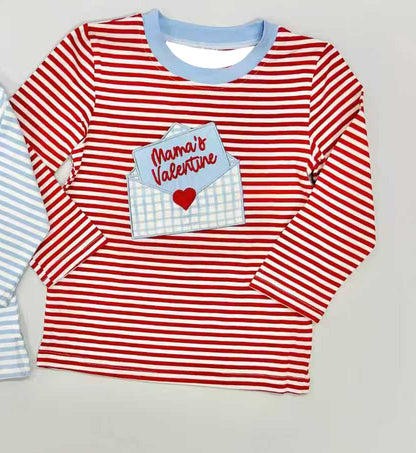 Pre-order BT1574 baby boys Valentine's letter red stripe  top embroidery embroidery