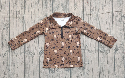 Pre-order BT1597 baby boys cow brown long sleeve zipper pullover