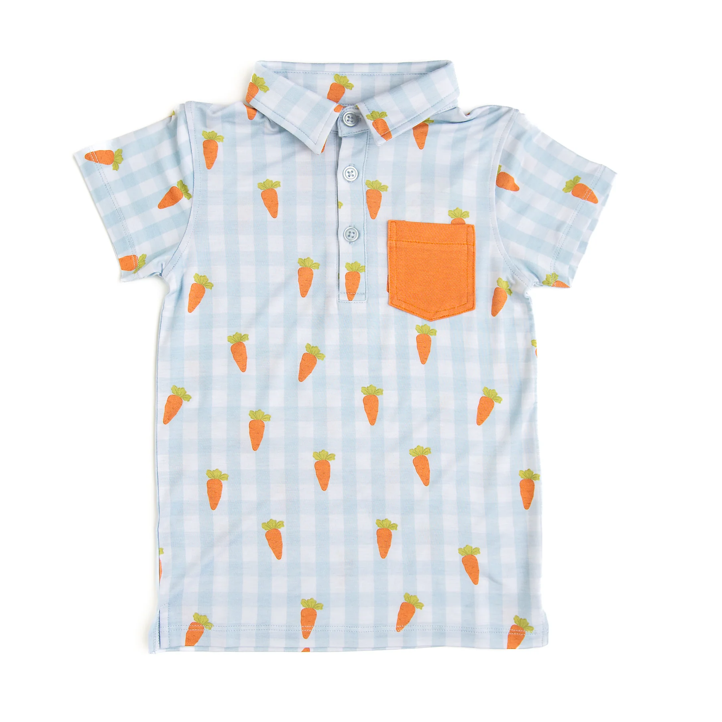 12.3 Pre-order BT1639 baby boys Easter carrot pocket short sleeve button blue checkered shirt top